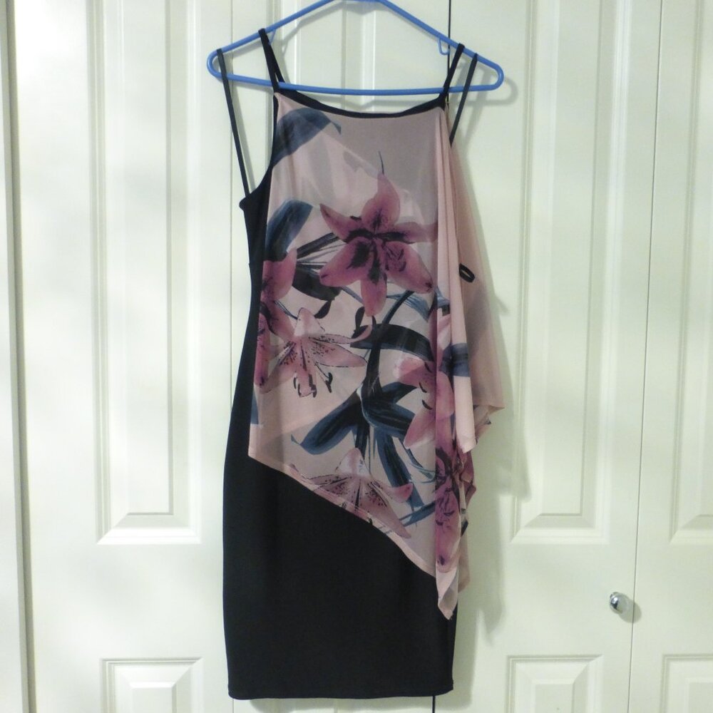 NWT LE CHATEAU black dress with pink and purple chiffon flowy floral layer